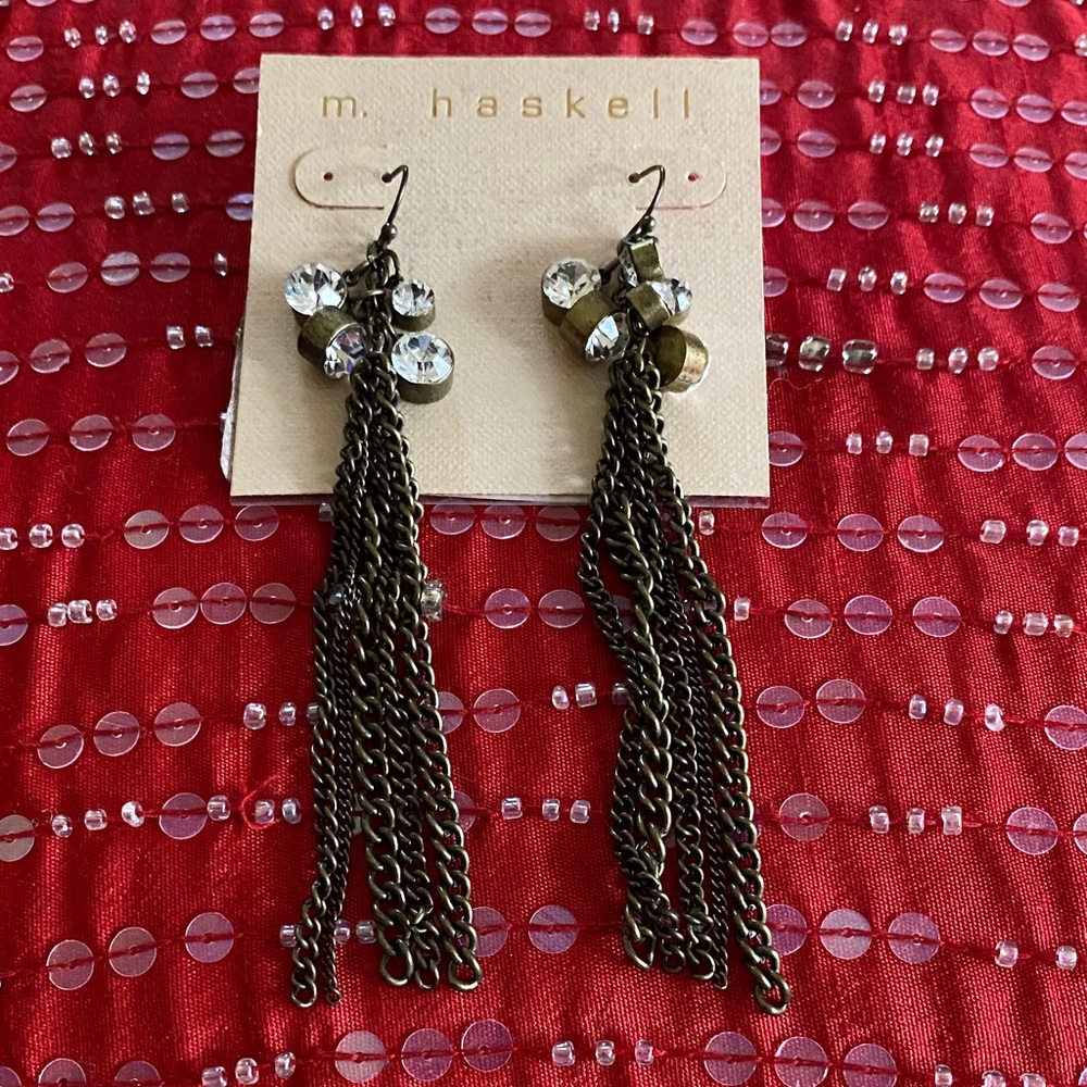 Haskell Beautiful Long Vintage Chain Sparkling Crystal Pierced Earrings NWOT